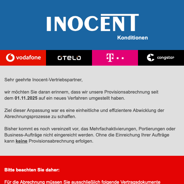 REMINDER: Abrechnungsmodalitäten seit 01.11.2025